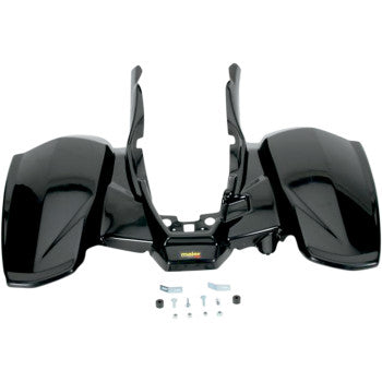 The Rear Fender Black by Maier, crafted from high-density polyethylene with two wide panels, includes OEM color-matched mounting hardware—bolts and brackets—and is shown on a white background.