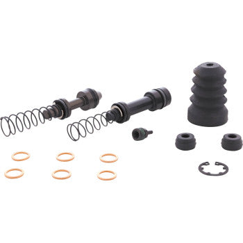 The Brake Master Cylinder Rebuild Kit by All Balls includes two metal piston assemblies with springs, EPDM rubber boots, small rubber rings, washers, and a retaining clip—arranged on a white background.