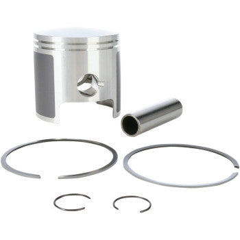 The Polaris Piston Kit 73.00 mm by Wsm includes a silver piston, wrist pin, and four piston rings in assorted sizes, all with OEM quality for enhanced performance and displayed neatly on a white background.