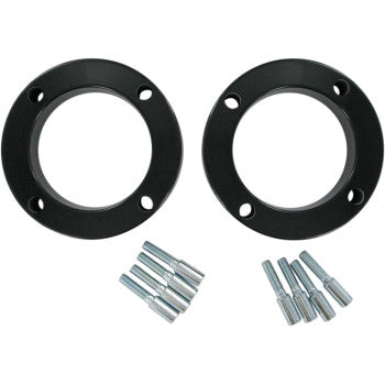 Two Yamaha Wheel Spacer Easy Fit 1.5” 4/156 Front & Rear Kit by Dura Blue in black, each with four holes, shown above eight grouped silver bolts, all displayed on a white background.