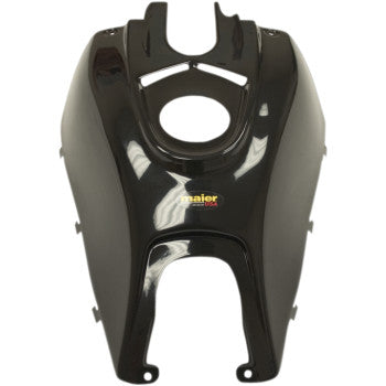 The Yamaha YFZ Tank Cover Black by Maier features high-density polyethylene construction with a glossy finish, a central circular cutout, multiple side mounting points, and the yellow Maier logo at the center.