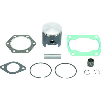 The Polaris Top End Rebuild Kit 72.50 mm Platinum Series by Wsm is displayed on a white background, showing the piston, gaskets, piston rings, wrist pin, racing needle bearings, and circlips.