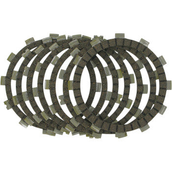 The Clutch Kit by Ebc features six round friction plates made of textured, cork-based material with notched edges, arranged in a staggered, overlapping pattern on a white background for greater heat resistance.