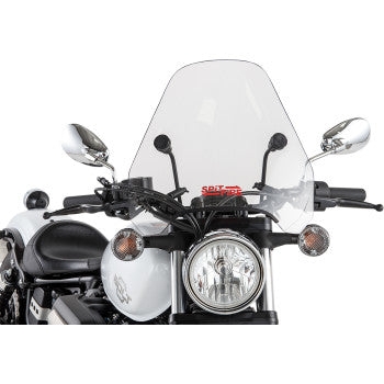 Front view of a motorcycle with a large clear Spitfire Windshield - 15 by Slipstreamer, round headlight, two side mirrors, and turn signals mounted on each side of the handlebars.