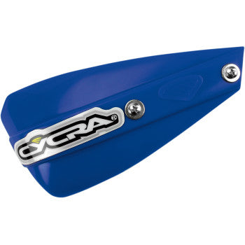 Blue low-profile handshield with angular design, metal mounting screws, and Cycra logo badge.
