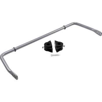 The Sway Bar Rear by Eibach, made of silver metal, is shown on a white background with mounting brackets, bushings, and screws. This adjustable rear sway bar has bends and holes at each end for easy attachment.