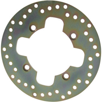 The Honda ATV Brake Rotor by Ebc is a round, metallic carbon steel rotor with evenly spaced scraper holes and four large center cutouts, designed for mounting on a wheel hub to enhance brake pad life.