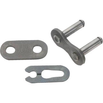 The 525 Standard Connecting Link Clip by DID includes three metal parts: a two-hole plate, a connecting link with dual pins, and a notched clip, all shown on a plain background.