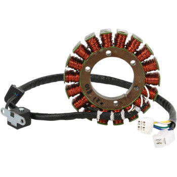 Round stator coil with copper wire windings on brown core and attached black wiring harness with white connectors.