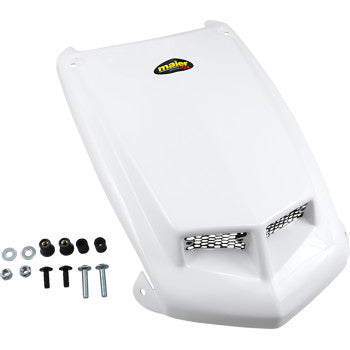 The ATV Hood Cover White by Maier is made of high-density polyethylene with ventilation grilles, comes with installation hardware, features an OE color-matched finish, and includes a small Maier logo sticker for authenticity.