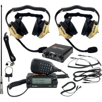The Intercom Radio and Headset Kit 2 Seat Beige by Navatlas includes two noise-cancelling headsets with microphones, a dual band radio, control box, antenna, and cables—shown arranged on a white background.