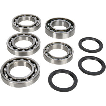 The Yamaha Differential Bearing Seal Kit Front by Moose Offroad includes six metal high-speed EMQ bearings and three black TC rubber seals—circular bearings with visible steel balls and flat ring seals, arranged on a white background.