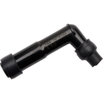 The Spark Plug Resistor Cover 102° Elbow Type by Moose Offroad is a black, angled boot with cylindrical ends and side markings, designed for connecting spark plug wires in engines, similar to NGK resistor covers.