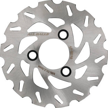 Silver circular brake rotor with wavy outer edge and multiple cutouts, three black mounting holes, engraved branding and.