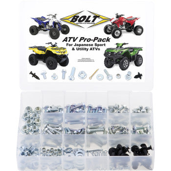 The ATV Hardware Pro Pack Japanese 225 Piece Kit by Bolt is a clear organizer box with compartments holding assorted nuts, bolts—including hex flange bolts—and fasteners, labeled with four ATV images. Ideal as an ATV fastener kit.