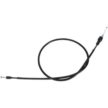 The Honda Black Vinyl Throttle Cable 45 by Moose Offroad is a black mechanical cable with metal ends and a pre-lubricated nylon inner sleeve, coiled in a loose loop against a white background. Ideal for control or brake use on bikes or motorcycles.