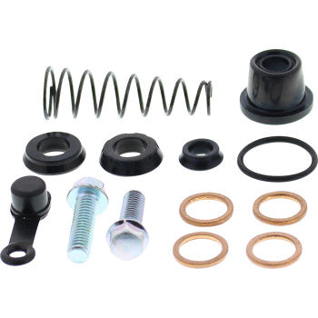 The Master Cylinder Rebuild Kit Rear by All Balls includes two bolts, a spring, multiple seals, washers, and rubber gaskets, all organized neatly on a white background.
