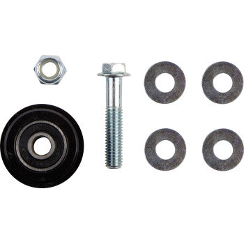 The Yamaha Chain Roller Black by T.M. Designworks hardware kit includes a black Powerlip chain roller with sealed bearings, hex bolt, hex nut, and four metal washers, displayed on a white background.