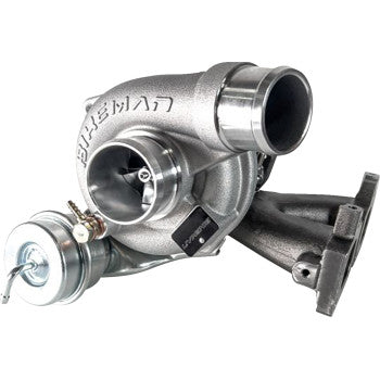The Polaris OEM Replacement Turbo by Bikeman Performance features a billet compressor wheel, actuator, compressor housing, and exhaust manifold mounting flange, all designed for efficiency and shown isolated on a white background.