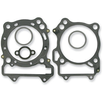 The Kawasaki - Suzuki - Arctic Cat - Big Bore Cylinder Gasket Kit by Cylinder Works includes two black gaskets with multiple holes and two circular metal rings, all shown on a white background.
