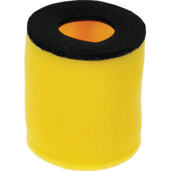 The Kawasaki - Suzuki - Arctic Cat Replacement Air Filter by All Balls is a yellow cylindrical foam filter with a black rim and central hole, designed as an OEM replacement for small engine applications like lawnmowers and motorcycles.