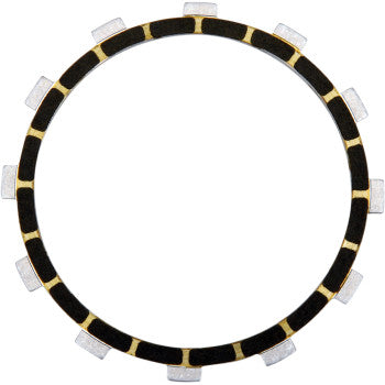 The Clutch Friction Plate by Barnett is a circular metal object featuring alternating black and gold segments with evenly spaced rectangular silver tabs around its edge, similar to heavy-duty steel drive plates.