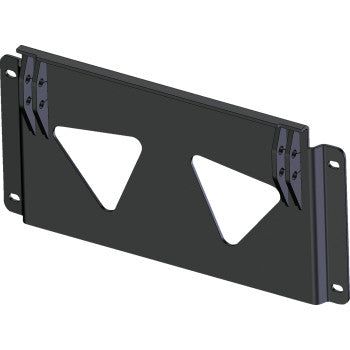 Black metal plow mount plate with triangular cutouts and reinforced mounting brackets on both sides.