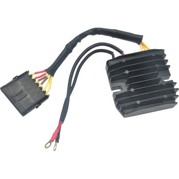 Black finned aluminum Can Am rectifier regulator with attached wiring harness and multi-pin connector.