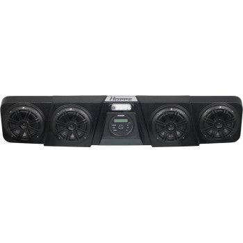 The Polaris Ranger Audio Shade RGB by Hoppe Industries is a black soundbar with four round speakers, a central control panel with buttons and display, and built-in Bluetooth for wireless streaming.