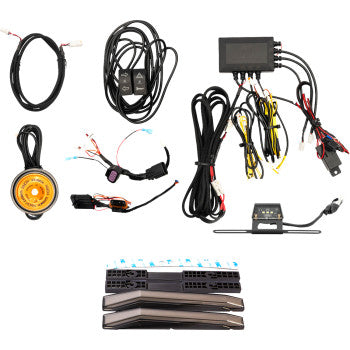The Polaris Ranger XP 1000 Turn Signal Kit Gen 2 by Ravek features plug-and-play installation with wires, connectors, a control box, switches, yellow circular LED lights, license plate light, and mounting brackets—all shown on a white background.