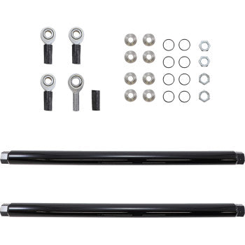 The Radius Rod Upper by Moose Offroad is shown: two black metal rods with included hardware such as heim joints, washers, nuts, and o-rings arranged neatly on a white background.