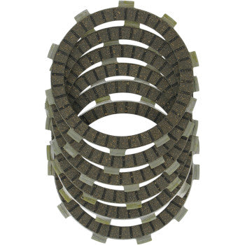 Five heat-resistant, dark friction plates with notched edges from the Ebc Clutch Kit are arranged in a slightly fanned-out stack against a white background.