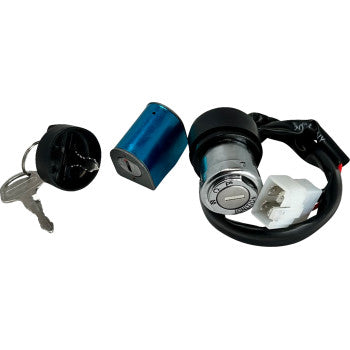 Off-road ignition switch set with silver key lock cylinder, blue metal housing, black wiring harness, and keys.