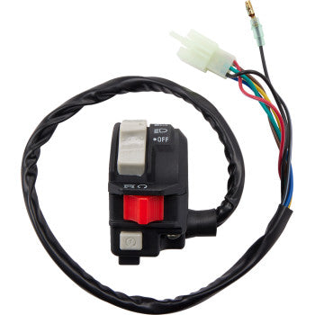 Black Yamaha switch block assembly with gray toggle, red button, and multicolored wiring harness.