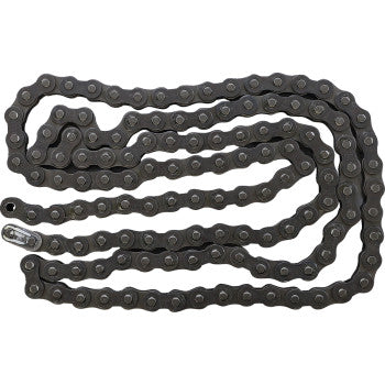 The 428 SR Heavy Duty Non Sealed Chain 130 Links by Ek is displayed laid out flat in a serpentine pattern on a white background.