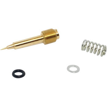 The Yamaha Replacement Carburetor Air Fuel Mixture Screw Kit by K&S Technologies includes a brass needle valve with threaded end, metal coil spring, small black O-ring, and flat metal washer shown on a white background.