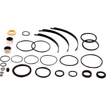 The Complete Rebuild Kit by Hygear Suspension includes assorted black rubber and metal rings, seals, and bushings—ideal for shock absorber maintenance or restoring your suspension’s function.