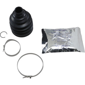 The Polaris RZR Sportsman Ranger CV Boot Kit Front & Rear Outboard by Epi includes a black polychloroprene boot, two metal clamps, a small snap ring, and a sealed packet of molybdenum disulfide grease on a white surface.