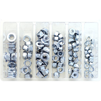 The Nut Assortment Fuji by Bolt features a plastic organizer tray with six compartments containing assorted sizes and styles of metric metal hex nuts, all neatly arranged in rows.