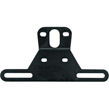 The License Plate Bracket Black by Optronics Inc. features a rust-proof finish, central oval hole, two upper round holes, rectangular slots on a wide base, and a triangular connector. It appears unused against a white background.