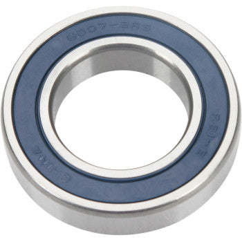 Metal wheel bearing with double blue rubber seals, cylindrical shape, engraved markings on outer ring.