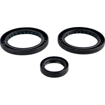 Three black circular seals from the Differential Seal Kit Rear by Epi are arranged on a white background—two larger ones at the top and a smaller below—showcasing their oil resistance, ideal for differential rebuilds.