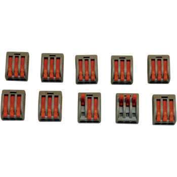 Ten Wiring Cage Clamps 3 Spot 10PK by Custom Dynamics with gray rectangular bodies and red levers, arranged in two rows on a white background. Each has three wire slots and is rated for 20A.