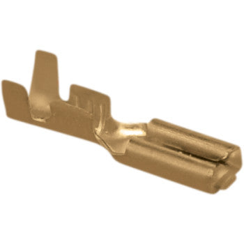 Close-up of the gold-colored ML 110 Terminal Female by Namz (100 pack), designed for electrical wiring. Its cylindrical and tabbed ends ensure secure connections, making it ideal for custom applications and projects.