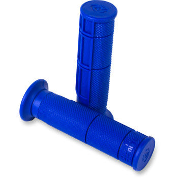 Pair of blue rubber ATV grips with half waffle texture and rounded ends.