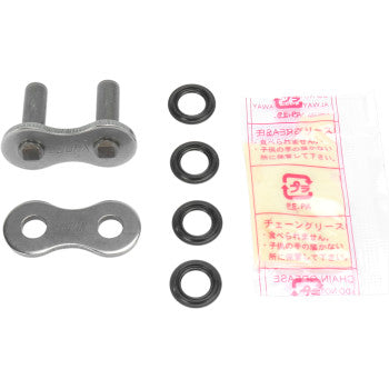 The 520 PX Series Rivet Connecting Master Link by Parts Unlimited includes two metal link plates, four black O-rings, and a small packet of chain grease, shown on a white background.