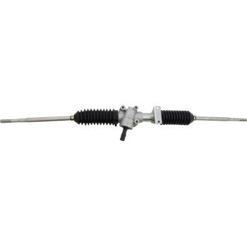 The Steering Rack by Moose Offroad features black rubber boots on each end and a central metal gear housing with OEM-compatible tie-rod ends, shown isolated on a white background.