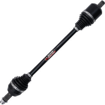 The Polaris Ranger Axle Lift Kit Heavy Duty Front Left & Right by Demon features a black chromoly steel axle shaft with rubber boots, CV joints packed with high load molybdenum grease, and a Demon Powersports logo, displayed on a white background.