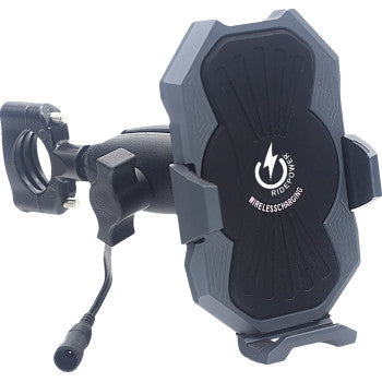 The Ridepower Phone Holder with Inductive Charging is a black, rugged motorcycle mount with handlebar clamp, built-in Qi charging, and IP67 waterproof rating, shown on a white background.