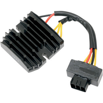 Black finned aluminum Yamaha regulator rectifier with attached multi-color wiring harness and black electrical connector.